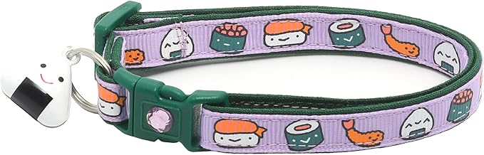 Sushi Cat Collar with Onigiri Bell | Adjustable Large Size or Kitten Collar | Safety Breakaway Collarr (Large(10lbs & Up), Purple)
