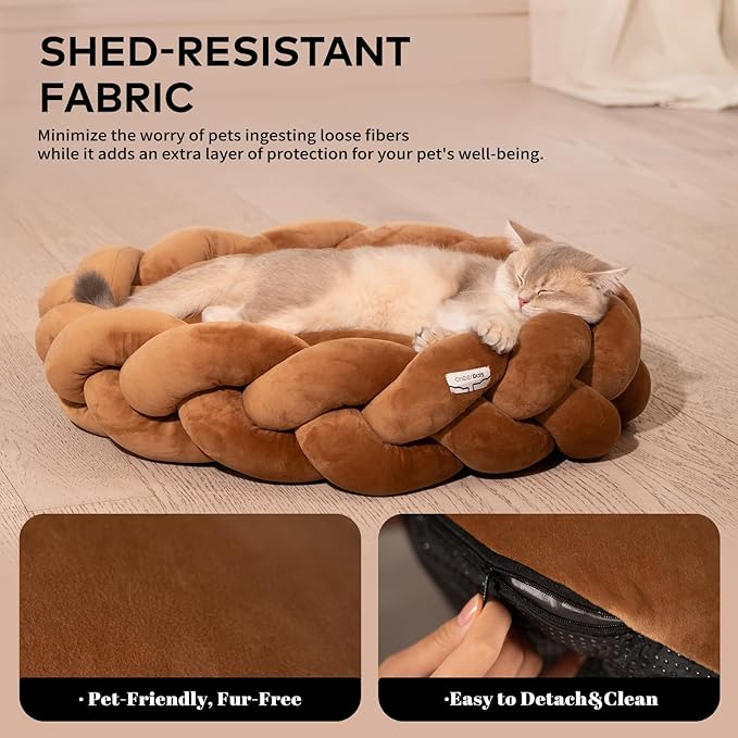 CHEERPALS Weave Cat Bed for Indoor Cats,Cute Pet Bed with Washable Cushion Fluffy Kitty Bed for Small Dog(Caramel)
