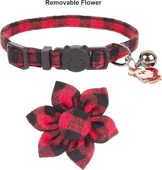 ADOGGYGO Christmas Cat Collars with Flower Bell, 2 Pack Breakaway Cat Christmas Collar with Removable Floral, Red Green Plaid Flower Collars for Cats (Red&Green-2)