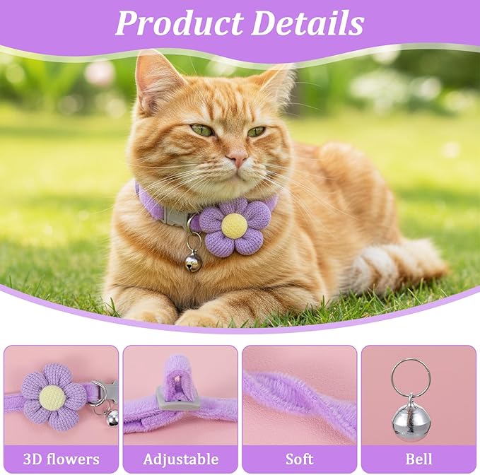 Teaaha 5 Pack Cute Cotton Kitten Collar with Bell, Safety Buckle Flower Cat Collars Breakaway for Boy Girl Cats, Soft Kitty Bells Collar Adjustable from 8.7 to 13.7 Inches(5 Color)