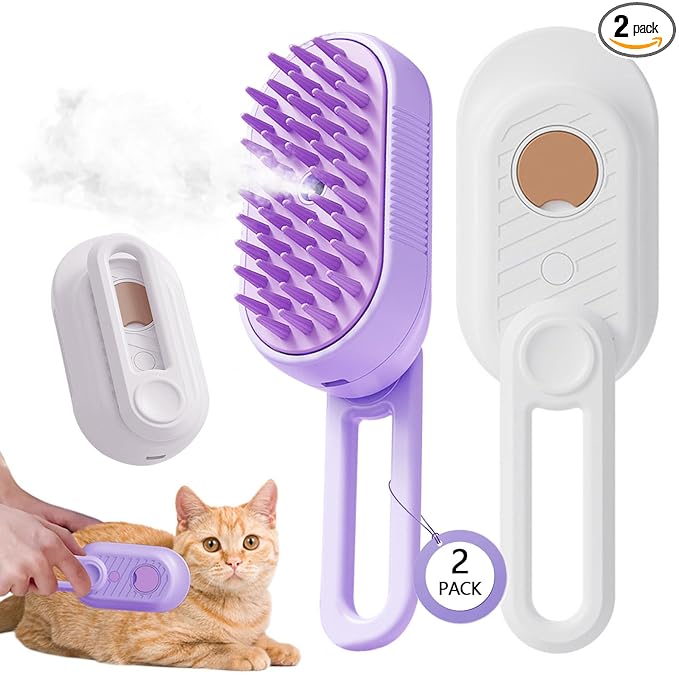 2 Pcs Upgraded Steam Pet Grooming Brush - 3 in 1 Water Brush for Cats & Dogs, Anti-Static Purple & White