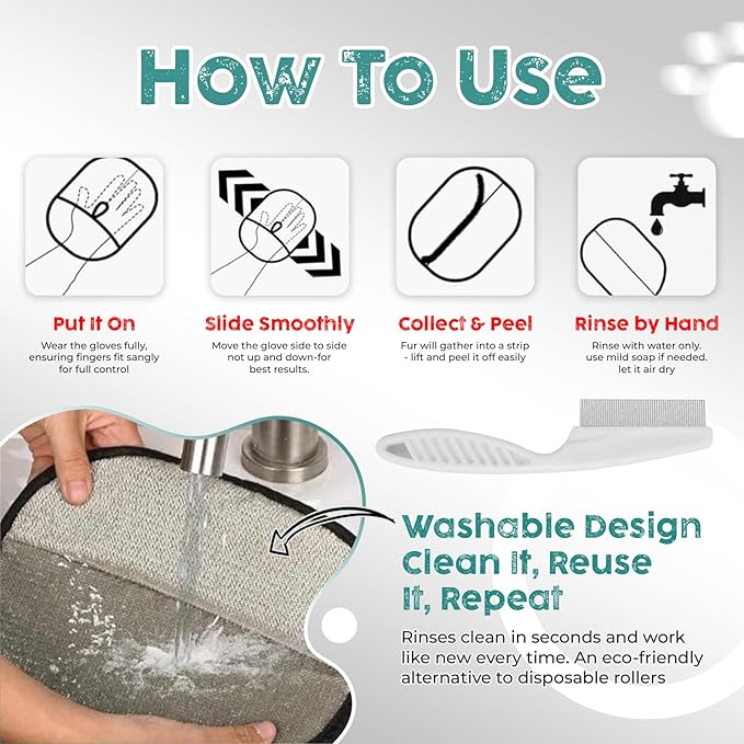 Pet Hair Removal Glove for Dogs & Cats – Reusable Electrostatic Pet Hair Remover Glove Quick Wiping & Washable – 2PCS Magic Brush pet Hair Tool with Comb & 2 Wall Hooks
