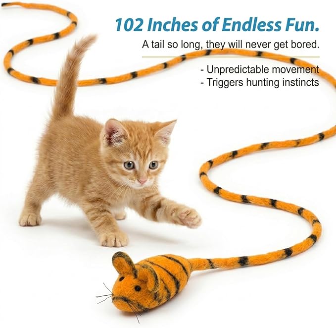 Glaciart One Felt Mouse Cat Toy – Soft Fuzzy Enrichment 100% Natural Wool - Interactive Catnip Play Cat Toy Set - Safe for Pets, Non-AZO Colored Dyes - 100” Long