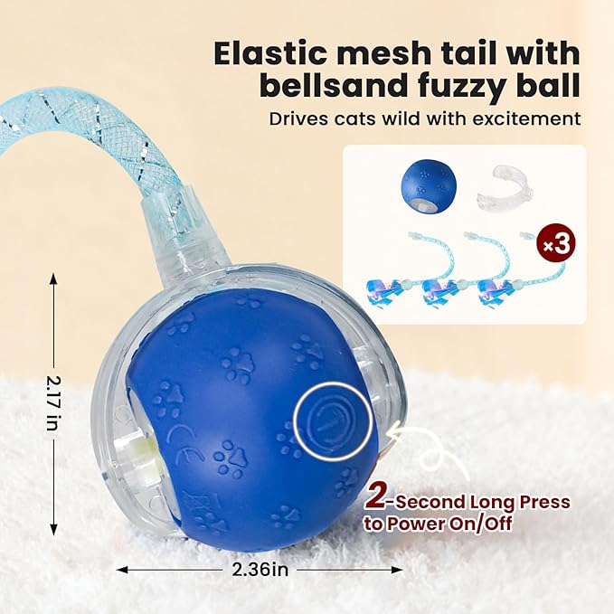 Cat Toys, Cat Toys for Indoor Cats, Cat Toys Interactive, 360° Rotating Automatic Interactive Cat Ball with Smart Activation, LED Light, Type-C Rechargeable, 3 Replaceable Dragonfly Tails, Bored(Blue)