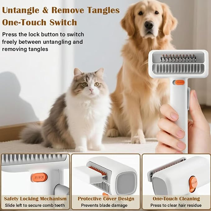 2-in-1 Pet Self-Detangling & Grooming Comb,Professional Deshedding Tool for Dogs or Cats, Gentle Undercoat Rake & Brush for Long or Short Hair, Removes Mats, Loose Fur (White*1)