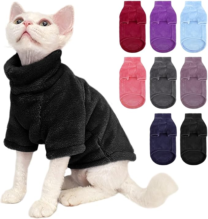 Turtleneck Sweater Coat for Cat, Sphynx Clothes Pajamas for Cats Only, Kitten Fleece Pullover Sweaters with Sleeves, Pet Warm Jumpsuit Sweatshirt for Cold Weather, Black S