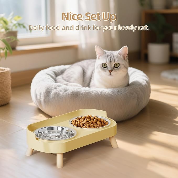 Elevated Cat Bowl, Raised Cat Food and Water Bowl Set for Indoor Cats, Splash Proof with 2 Stainless Steel Pet Food Bowls for Cats and Puppies, Whisker Fatigue and Dishwasher Safe - Yellow