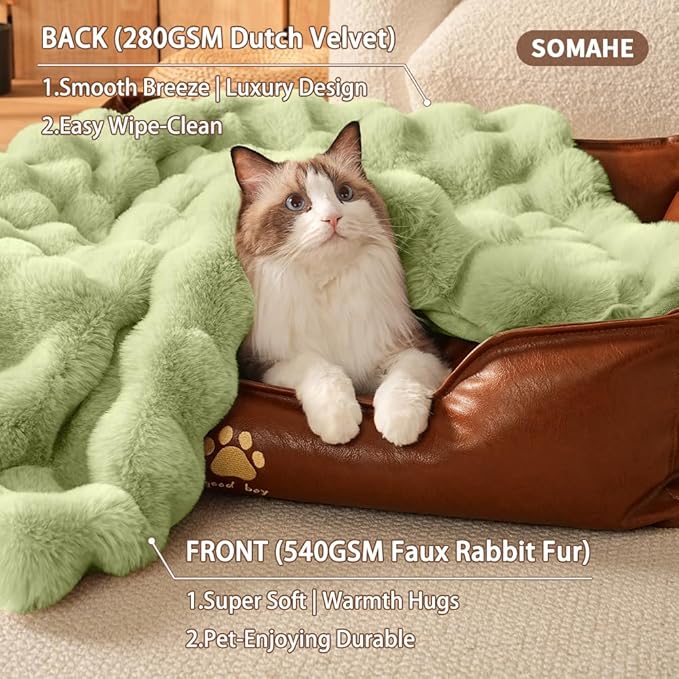 SOMAHE Cat Blanket, Reversible Sherpa & Bubble Fleece Pet Throw, Ultra-Soft Plush for Indoor Cats, Machine Washable, Anti-Static, Warm & Cozy, 22"×18" Inch Green