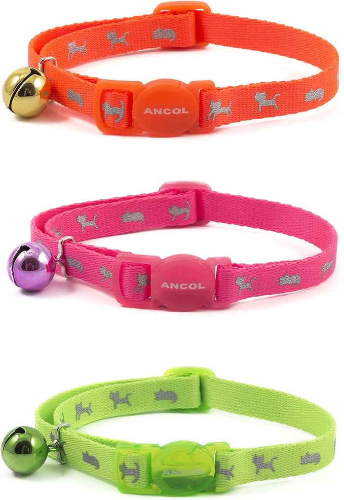 Ancol Hi-Vis Safety Kitten Collar Neon Pink Reflective Adjustable Break Away Buckle Light Bell Low Light Visibility Pet Safety Neckband One Size