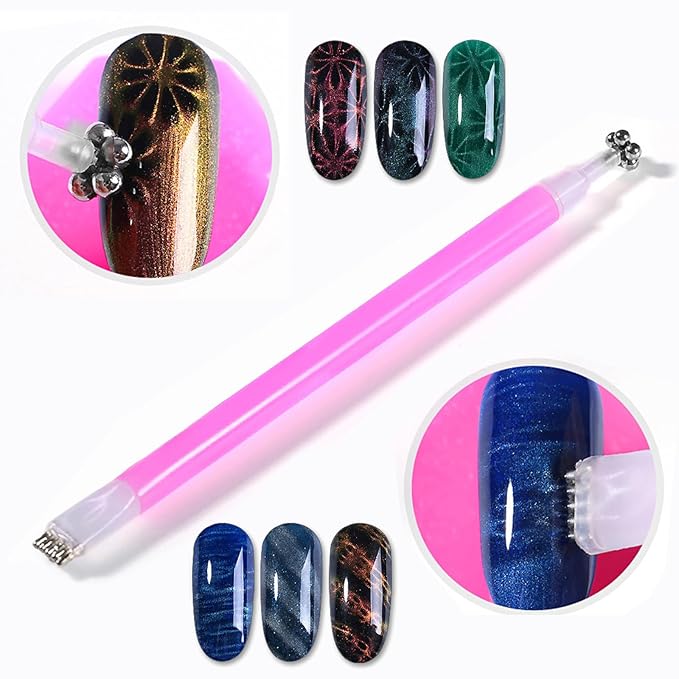 WOKOTO 5pcs Cat Eye Magnets For Nails With 5 Pcs Y-Shape Stencil For Heart Cat Eye Nail Magnet Tools Set, Cylinder, Flower, Pointed Powerful Nail Magnet For Nail Art, Flower Heart Magnet For Nails