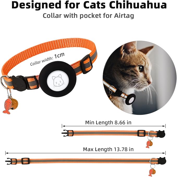 Airtag Cat Collar, Air tag Cat Collar with Bell and Safety Buckle in 3/8" Width, Reflective Collar with Waterproof Airtag Holder Compatible with Apple Airtag for Cat Dog Kitten Puppy (Orange)