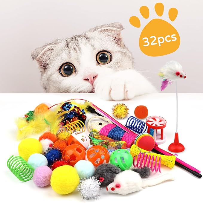 QUOZUO Cat Toys Kitten Toys Assortments, 32 Packs Interactive Cat Toy Variety Pack for Kitty, Cat Wand Toy, Cat Crinkle Balls Bell Balls with Bells, Cat Spring Toy, Catnip Toys for Indoor Cats Kitten