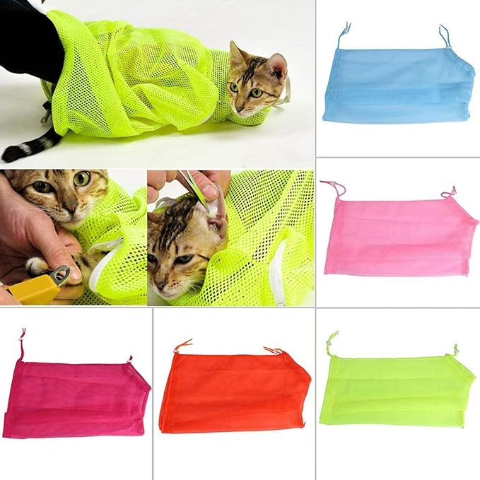 Cat Bathing Bag, Polyester Soft Cat Washing Bag Pet Care Mesh Grooming Restraint Multi-Functional Adjustable for Nail Trim Examining Ear Clean Injecting Bathing