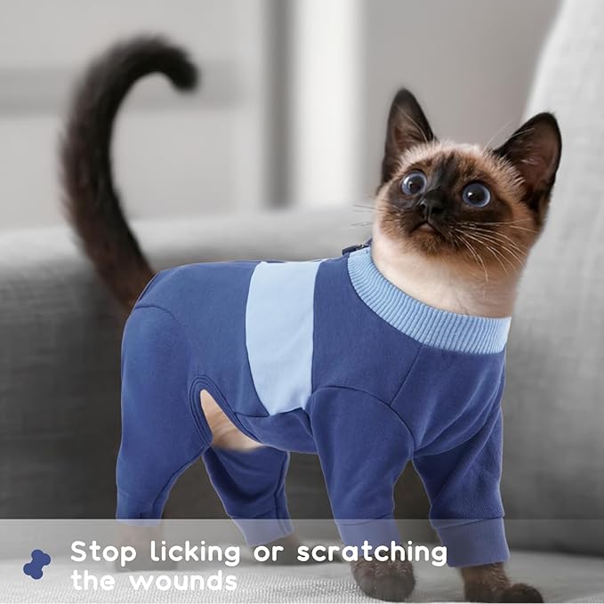 QBLEEV Cat Clothes, Soft Cat Sweaters for Cats Only, Kitten Surgery Recovery Suit Onesie Pajamas, Four Legs Cats Shirts Apparel Clothing for Hair Loss Prevention, Blue, XS