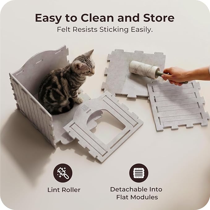 Cat Bed Cave for Indoor Cats: New Felt Cat Bed with Fluffy Ball, Foldable Cat House with Scratch-Resistant Board, Hideaway Cat Cave for Timid Cats, Sturdy Two-Tier Cat Condo & Cat Houses