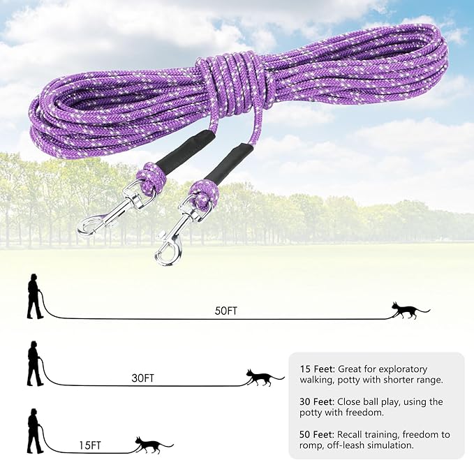 Rypet Reflective Cat Long Leash - 50 FT Escape Proof Walking Leads Yard Long Leash Durable Safe Personalized Extender Lead Traning Play Outdoor for Kitten, Puppy, Rabbit and Small Animals(Purple-L)