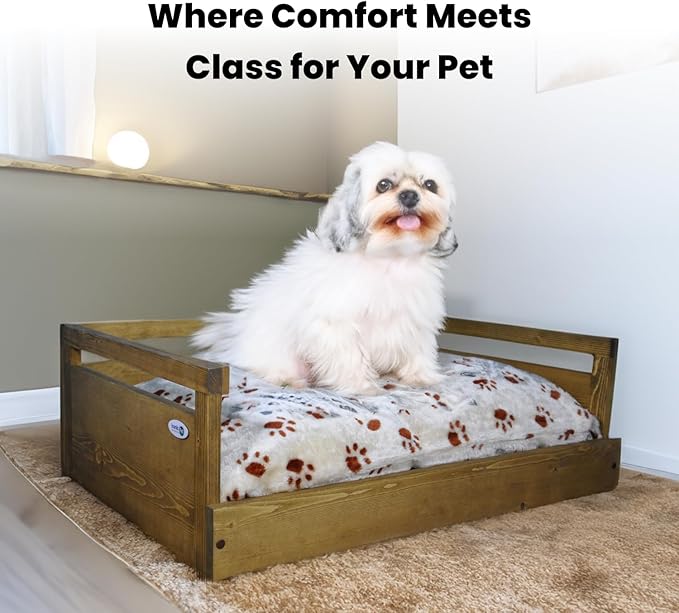 Iconic Pet Sassy Paws Wooden Pet Bed with Paw Printed Comfy Cushion for Dogs & Cats in Varying Sizes & Colors, Small-Rustic Brown
