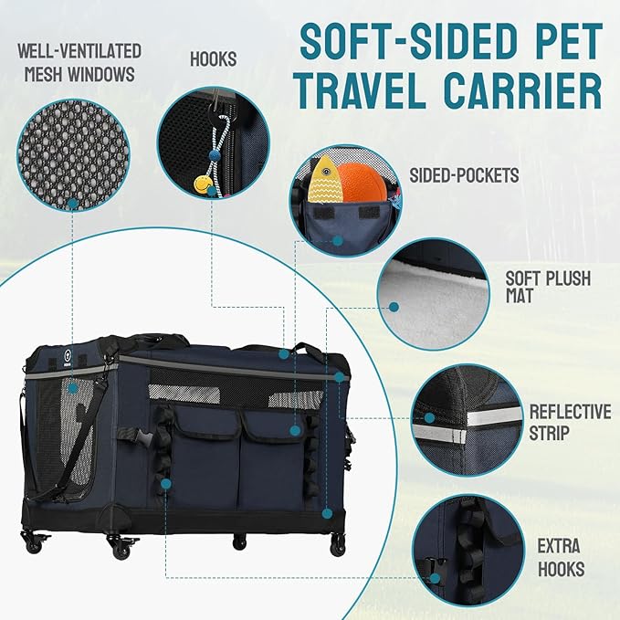 PEGIC 24‑inch Rolling Cat Carrier with Pull Strap: Spacious Travel Solution for Large Cats & Two Kittens, Reinforced Non‑Sagging Base for Car Rides & Vet Visits
