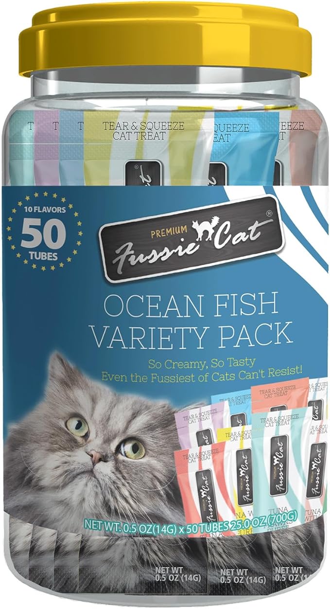 Fussie Cat, 0.5 Ounces Each, 50 Tubes, Ocean Fish Variety 10 Flavors