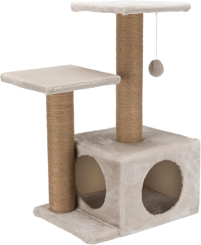Trixie Valencia Scratching Post – Cat Tower with Sisal Posts, Condo & Dangling Toy – Compact Cat Furniture for Indoor Cats – Gray, 17.3" x 13" x 28"