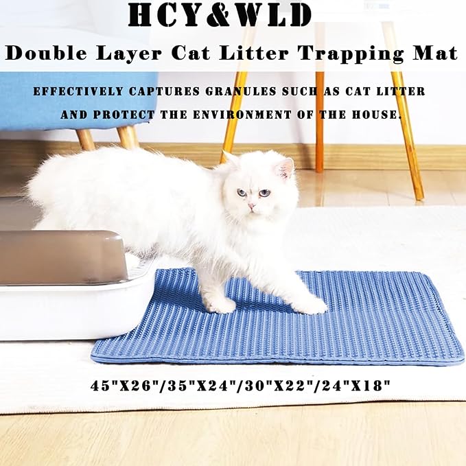 HCY&WLD Cat Litter Mat, Honeycomb Double Layer Cat Litter Trapping Mat, Waterproof Urine Proof Non-Slip, Scatter Control, Less Waste, Easier to Clean (Blue, 35" X 24")
