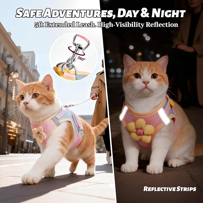 Cat Harness and Leash Set Escape Proof, Step in Mesh Cat Vest Harness with Cute Flower, Reflective Adjustable Kitten Harness and Leash Set for Walking (Pink, XS)
