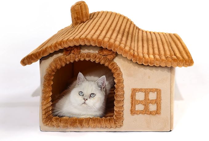 Jiupety Bear Cat Houses for Indoor Cats, Chimney Cute Cat Bed Cave, Enough Interior Space, Cartoon Soft Pet House Up to 3-7 lbs Kitten, Brown