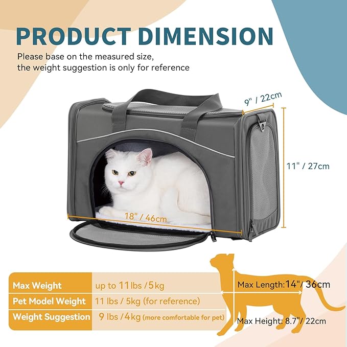 ‌Petsfit Airline Approved Pet Carrier for Small Cats, 15x8x10 TSA Approved Carrier, with Removable Dual-Sided Padding (2-Way Placement) - Fits Under Most Airplane Seats, Escape Proof (Grey)