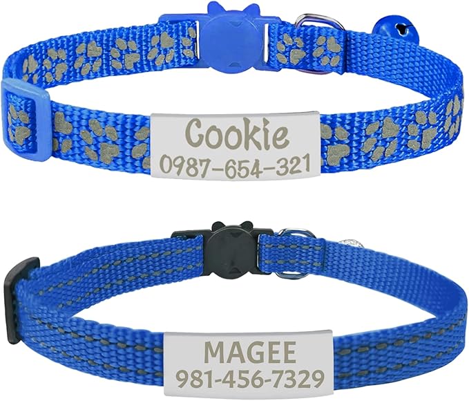 CAMAL 2 Pack Reflective Cat Collar Personalized, Custom Breakaway Cat Collar with Stainless Steel Pet ID Tag, Adjustable Cat Collars with Name and Phone Number for Cat Kitten Puppy