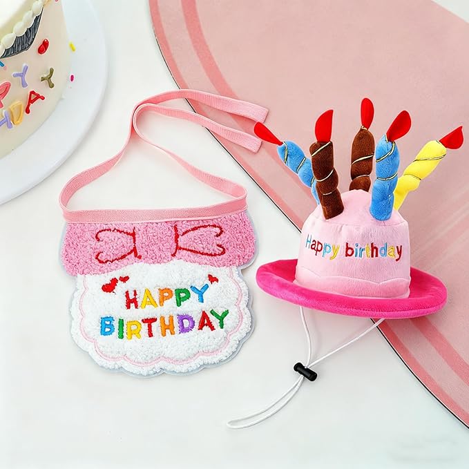 Dog Birthday Cake Hat & Bandana Scarfs Set Pink, Cute Dog Happy Birthday Hat Pet Cap Headwear Hat with 5 Colorful Candles, Cat Birthday Party Supplies Decorations (Pink)