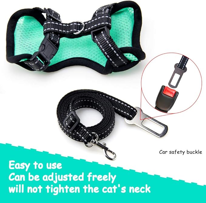 AWOOF Reflective Kitten Harness and Leash Escape Proof with Car Seat Belt, Adjustable Cat Puppy Walking Jacket with Metal Leash Ring, Soft Breathable Small Pet Vest (S)