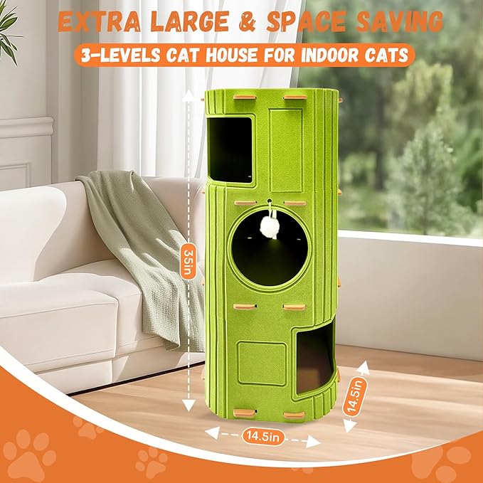 Homegroove Cat House for Indoor Cats, 3-Storey Cozy Felt Cat Bed Cave with Tunnel Hideaway, Large Multi-Cat Condo for Rest & Play (Green, X Large)