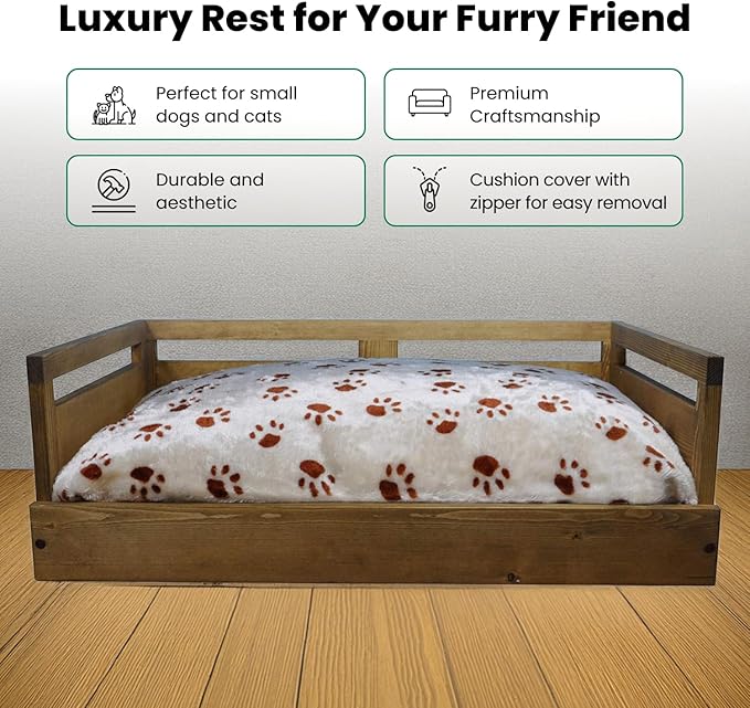 Iconic Pet Sassy Paws Wooden Pet Bed with Paw Printed Comfy Cushion for Dogs & Cats in Varying Sizes & Colors, Small-Rustic Brown