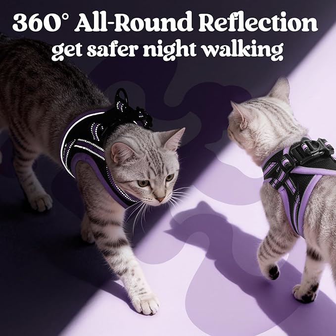 rabbitgoo Cat Harness and Leash Set for Walking Escape Proof, Adjustable Soft Kittens Vest with Reflective Strip for Cats, Comfortable Outdoor Vest, Black & Light Purple, L
