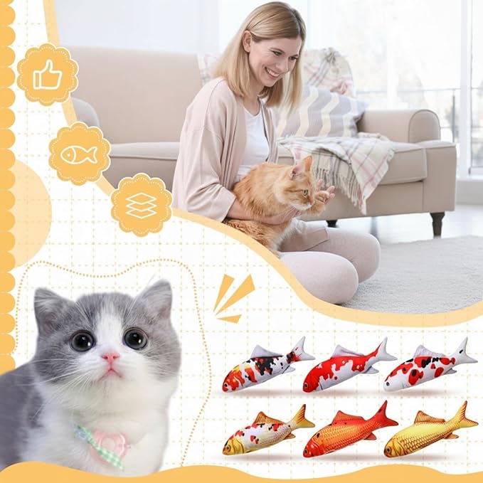 Barydat 6 Pcs 12 Inch Fish-Shaped Soft Cat Cushions Pillow Realistic Pet Carp Play Pillow for Cats Birthday Gift(Classic Style)