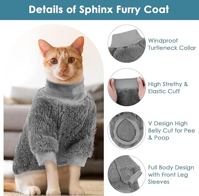 Sphynx Cat Sweater, Hairless Cats Turtleneck Pullover Kitten Sweaters for Cats Only, Warm and Soft Cat Pajamas Shirt with Sleeves Pet Winter Clothes Fleece Jumpsuit for Puppy, Grey M