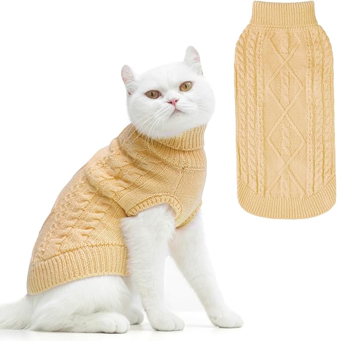 PUPTECK Winter Cat Sweater Coat - Soft Warm Cold Weather Clothes Knitwear for Kittens & Small Dogs Indoor Outdoor Wearing, Knitted Classic for Doggies Kitties Girls Boys, Beige, S