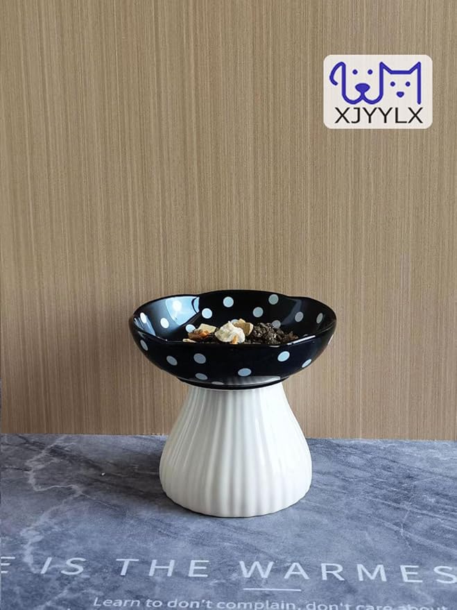 Mushroom Elevated Cat Bowls Ceramic, Raised Cat Bowl for Indoor Cats, Cute Whisker Fatigue Cat Bowl, Raised Dog Bowls Stand for Food and Water, Black 6" Wide for Adult Cats