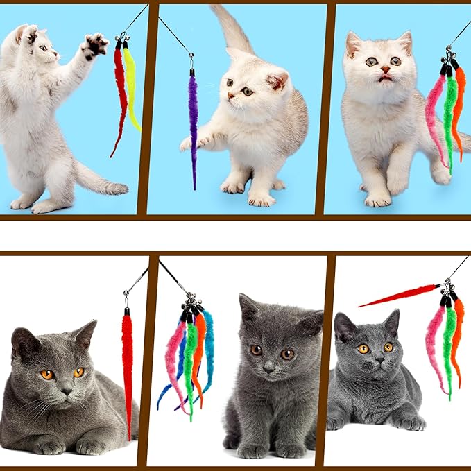 10 Packs Cat Worm Toys, Fuzzy Worm Cat Toy, Interactive Cats Wand Attachment Toys for Teaser Play and Chase Exercise with Kitten