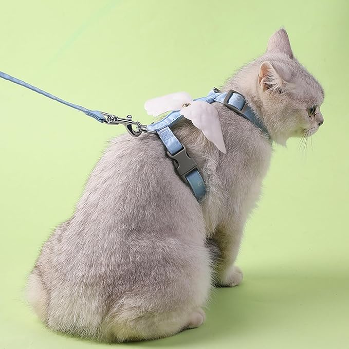 Cat Harness and Leash Set White Wing for Outdoor Travel Walking Escape Proof Soft Safe Adjustable Kitten Puppy Small Strap Angel Style Blue, M