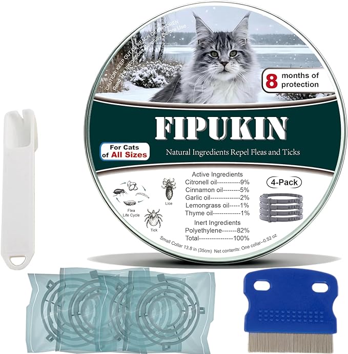 Flea and Tick Collar for Cats, 4‑Pack | Value Pack at $8.50 per Collar, 8‑Month Waterproof Protection | Includes Comb & Tick Removal Tool, Ideal for Multi‑Cat Homes