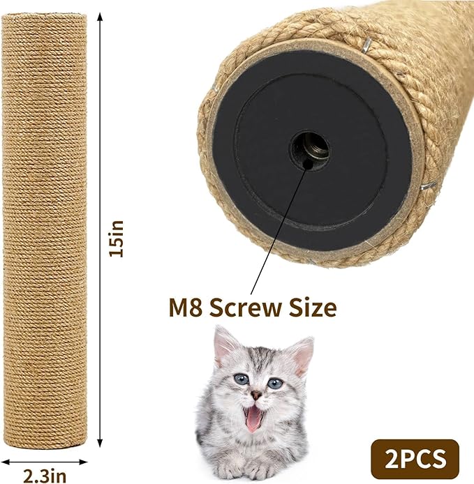 Fhiny 2PCS Cat Scratching Post Replacement 15" Natural Jute Spare Extension Scratch Post for Cats Tree DIY Craft Refill Pole Parts Hemp Rope Scratcher Climbing Perch