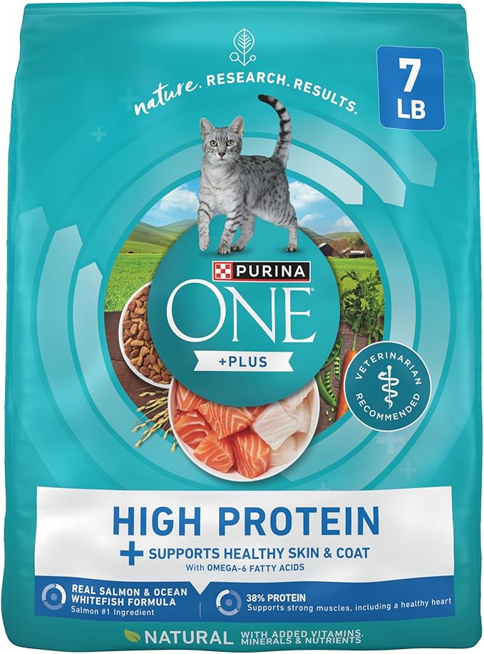 Purina ONE Plus High Protein Cat Food Dry Salmon and Ocean Whitefish Cat Skin and Coat Health Formula - 7 lb. Bag