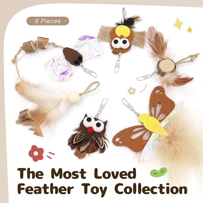 SONGWAY Interactive Cat Wand Toys - Retractable Teaser Wand and 6 Pieces Flying Bird & Crinkle Butterfly Dragonfly Cat Toy Feather Refills with Silvervine, Cat Feather Toys for Indoor Cats Kittens