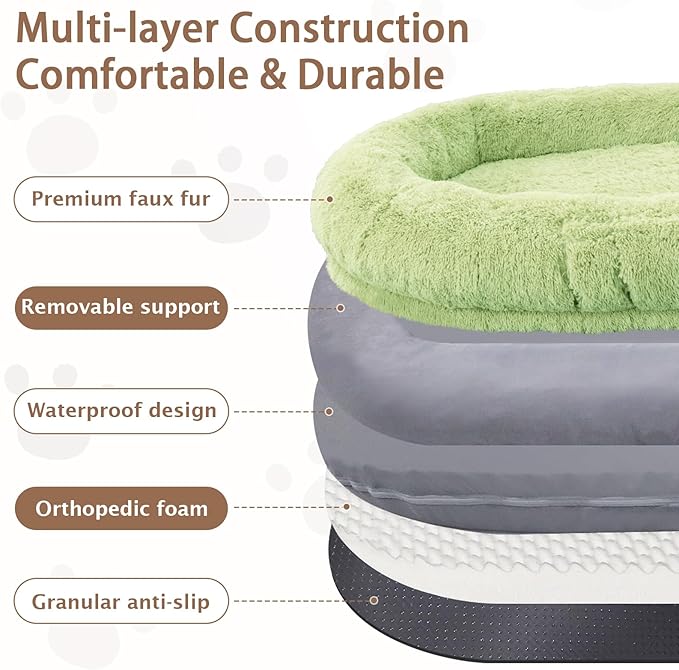 ROOMTEC Human Dog Bed, 71''x45''x12'' Size Fits Adult and Pet Washable Giant People Bed 10 CM Thick Memory Foam Large Oversize Pet Bed with Plump Pillow, Blanket, Strap - Green