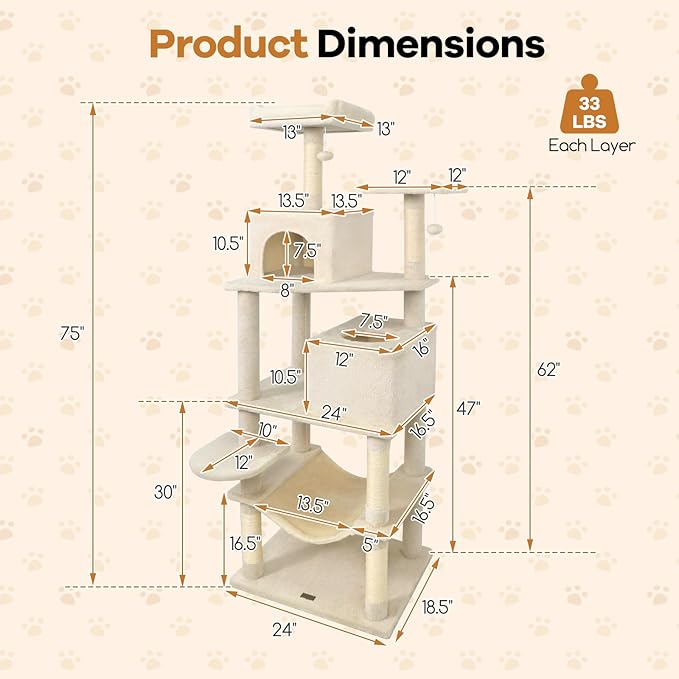 DORTALA 75" Tall Modern Cat Tree, Multi-Level Cat Tower with Large Condos, Sisal Scratching Posts, Top Perch, Hammock, Dangling Balls, Kitten Beds & Climbing Furniture for Indoor Cats (Beige)