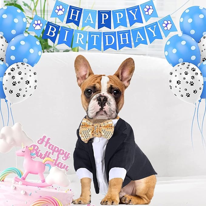 Dog Tuxedo Wedding Outfit Birthday Suit with Gold Bow Tie Formal Dog Tux Party Pet Costume for Small Medium Large Dogs Cats