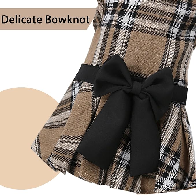Pet Dresses for Small Dogs Cats Girl, Cute Princess Bowknot Dress Puppy Shirt All Weather Skirt Clothes Cat Apparel for Birthday Wedding Party Holiday (Khaki&Black, XX-Small)