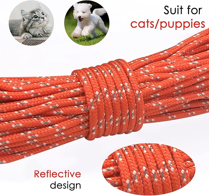 Rypet Reflective Cat Long Leash - 30 FT Escape Proof Walking Leads Yard Long Leash Durable Safe Personalized Extender Leashes Traning Play Outdoor for Kitten, Puppy, Rabbit and Small Animals