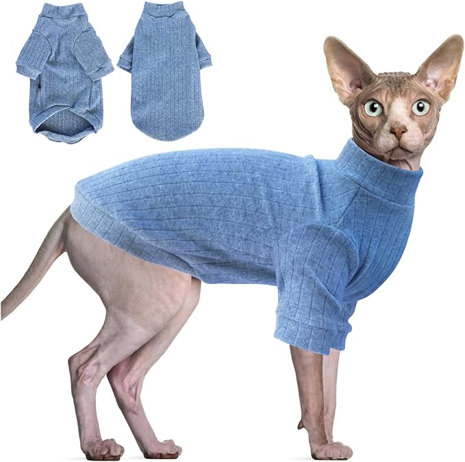 Idepet Sphynx Hairless Cats Sweater Shirt Kitten Soft Puppy Clothes Pullover Cute Cat Pajamas Jumpsuit Cotton Apparel Pet Winter Turtleneck for Cats and Teacup Chihuahua Small Dogs(Blue,XL)